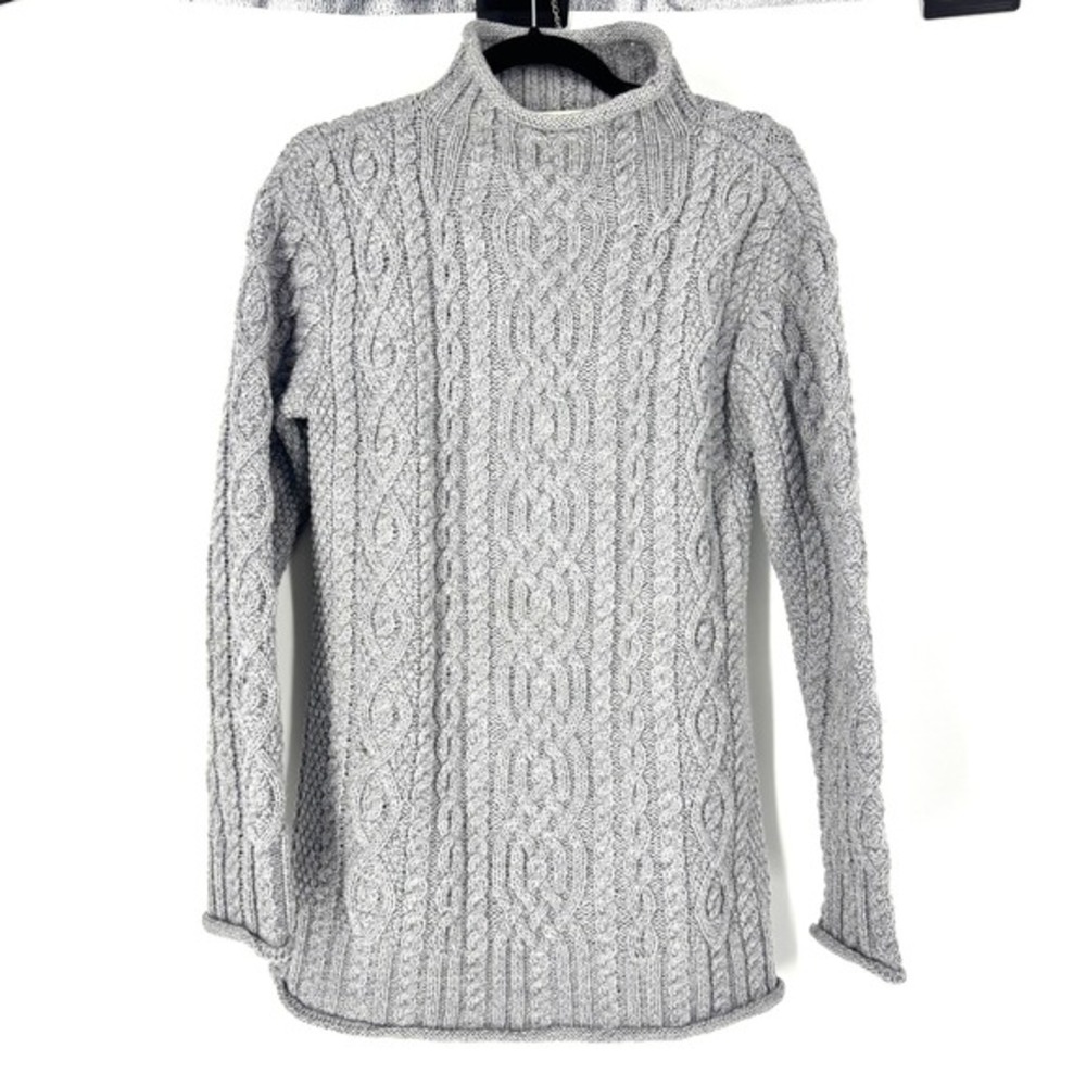 Aran Mor Ireland Grey Cable‎ Knit Mock Neck 100% Merino Wool Sweater Medium